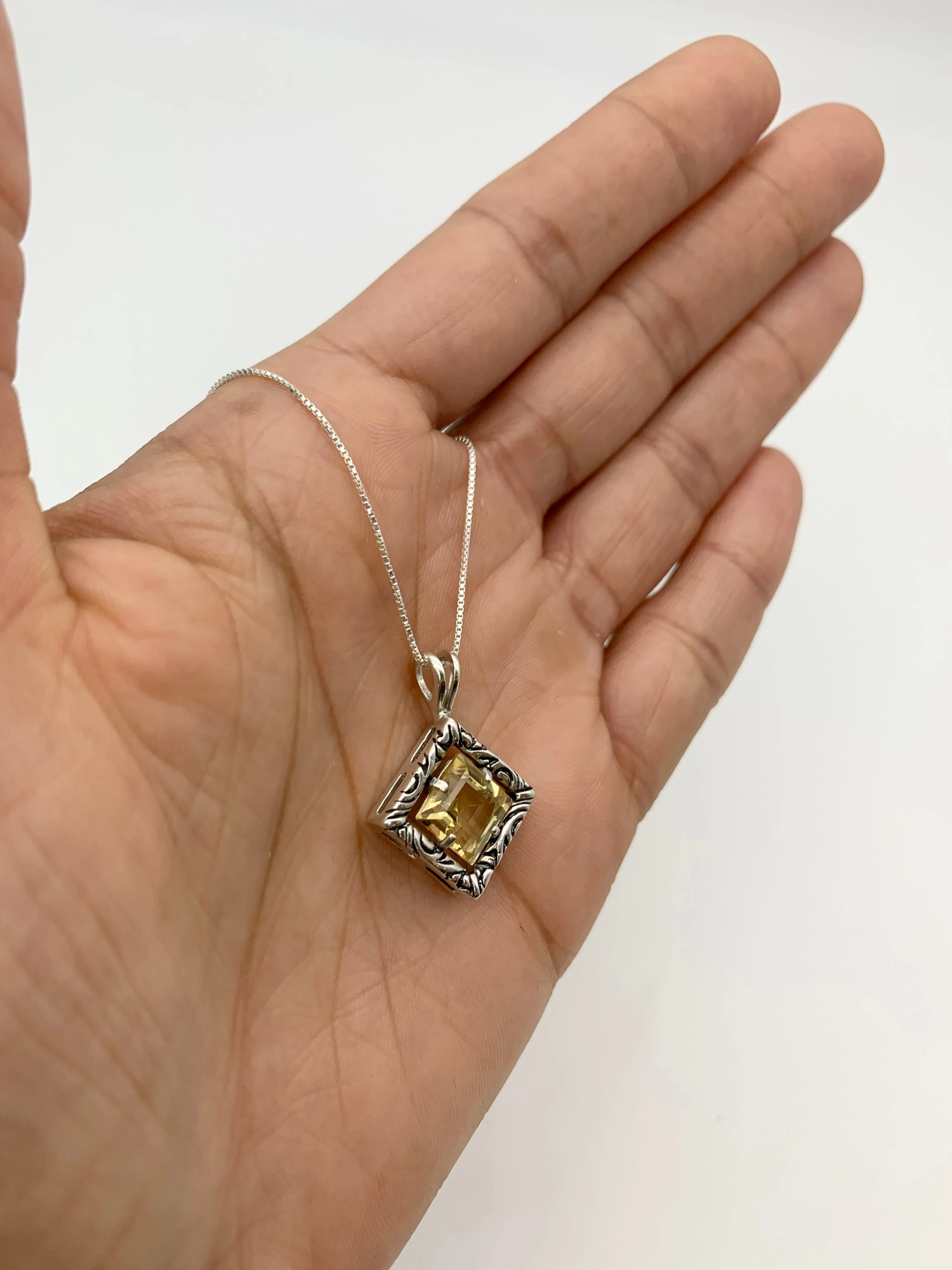 Square Citrine Pendant - Yellow Boho Necklace, October Birthstone Necklace