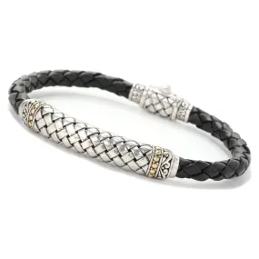 SS & 18K BLACK BASKETWEAVE BRAIDED LEATHER BRACELET