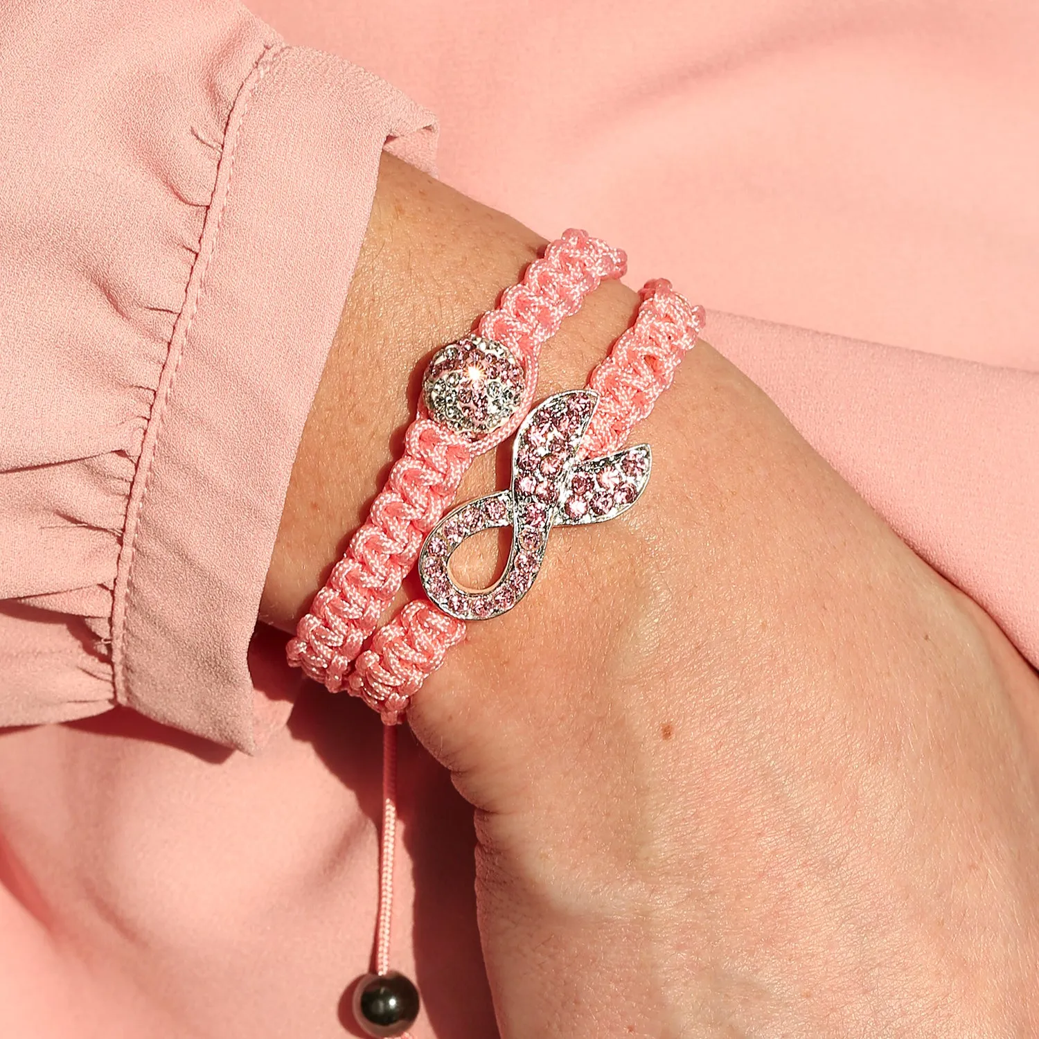 Stackable Pink Ribbon Strand Bracelet with Pave Crystal and Braided Cord