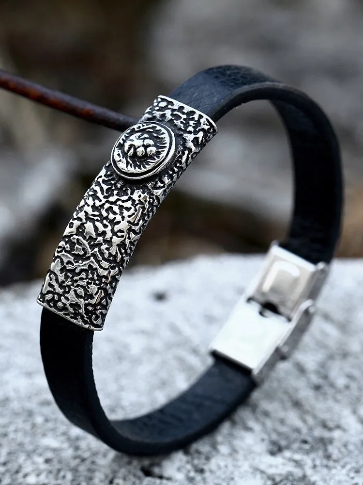 Stainless Steel Lion Head Men's Bracelet - Retro European & American Leather Fashion Jewelry