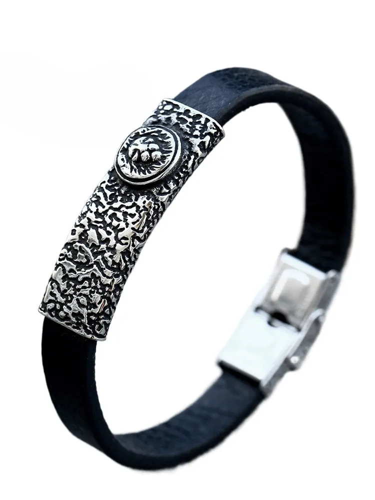 Stainless Steel Lion Head Men's Bracelet - Retro European & American Leather Fashion Jewelry