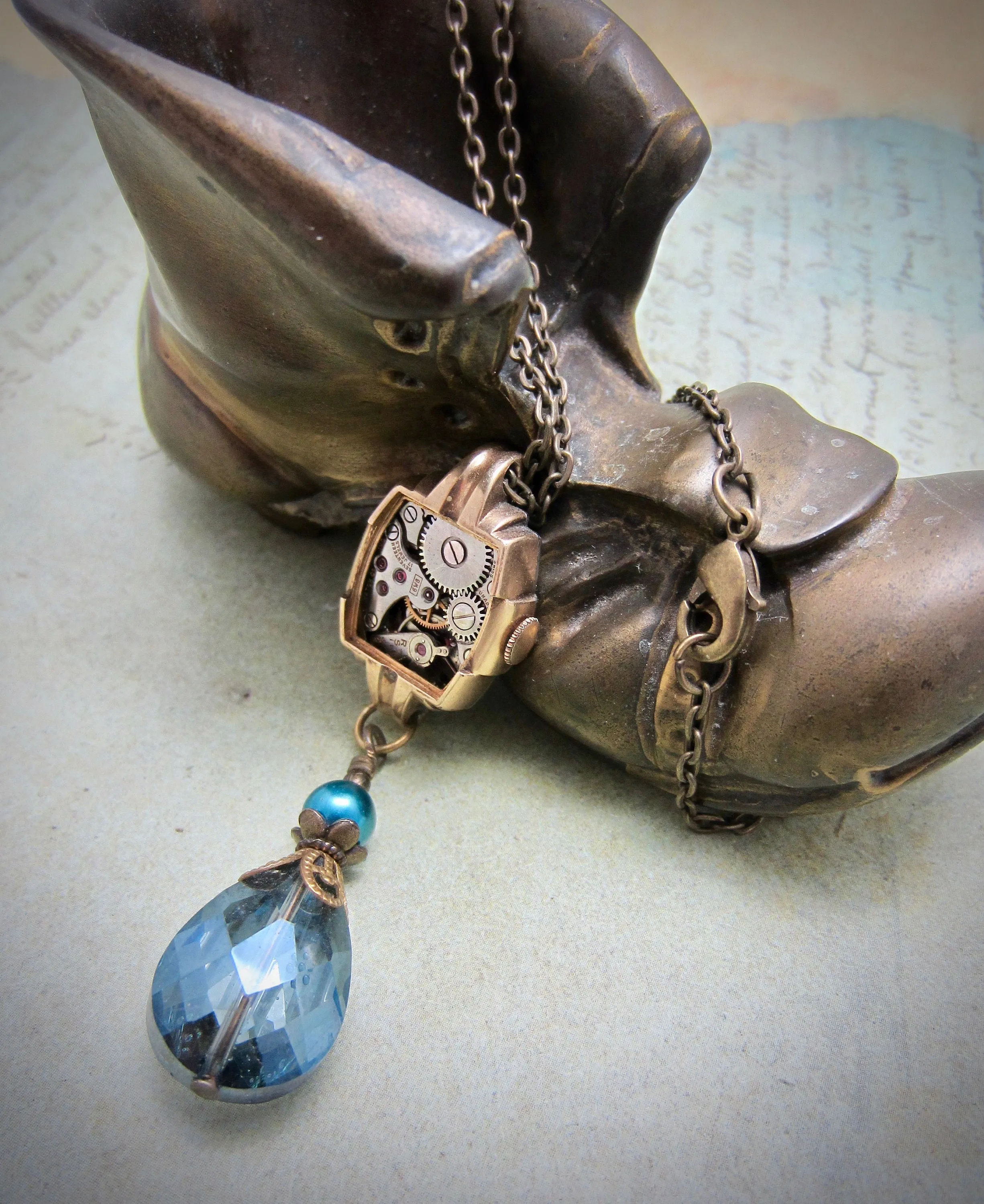 Steampunk necklace  - Glimmer - Steampunk watch parts - Sapphire - one of a kind -  Repurposed Art