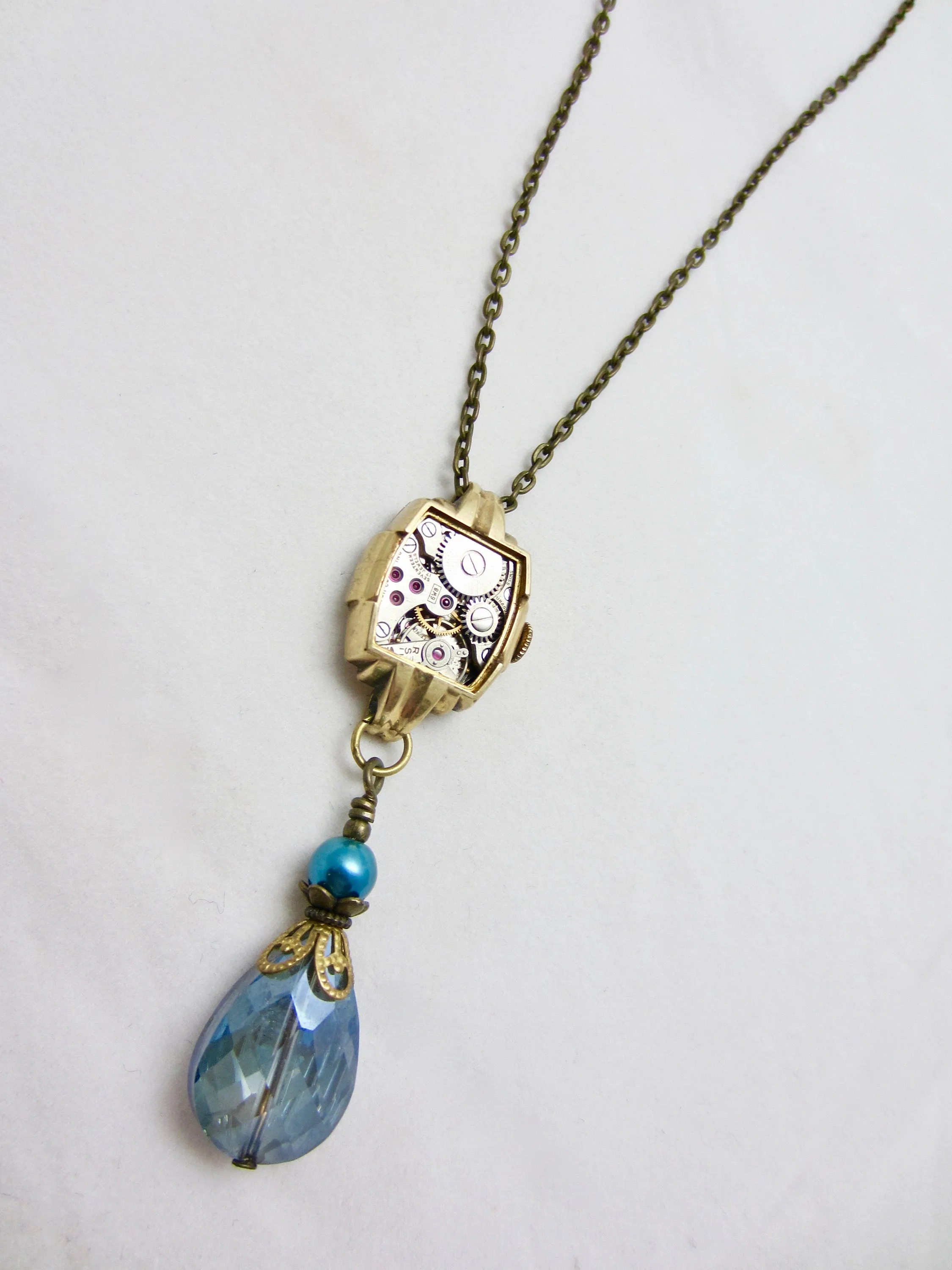 Steampunk necklace  - Glimmer - Steampunk watch parts - Sapphire - one of a kind -  Repurposed Art