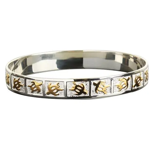 Sterling Silver Honu(Turtle) Hawaiian Bangle Two Tone Yellow Gold