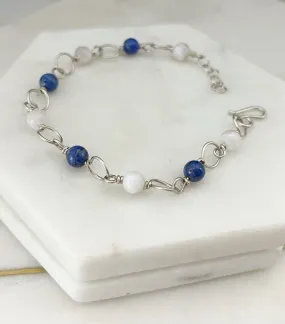 Sterling silver moonstone and lapis bracelet