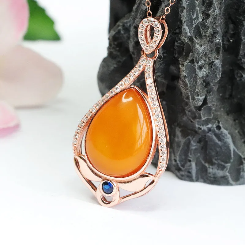 Sterling Silver Necklace with Beeswax Amber Pendant and Zircon Detail