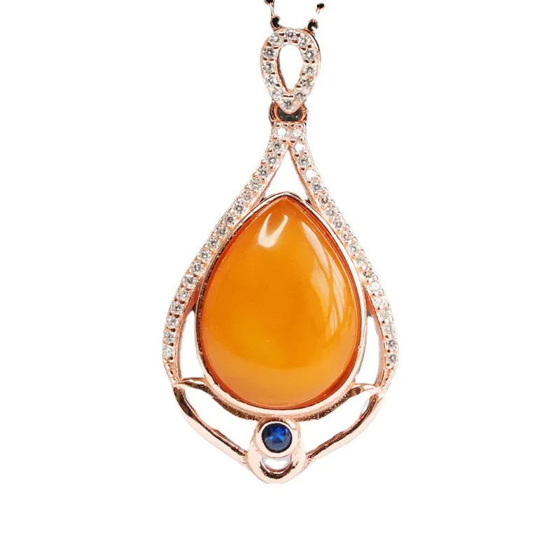 Sterling Silver Necklace with Beeswax Amber Pendant and Zircon Detail