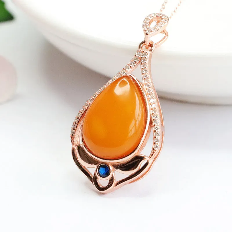 Sterling Silver Necklace with Beeswax Amber Pendant and Zircon Detail