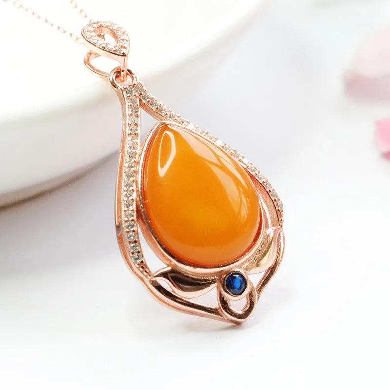 Sterling Silver Necklace with Beeswax Amber Pendant and Zircon Detail