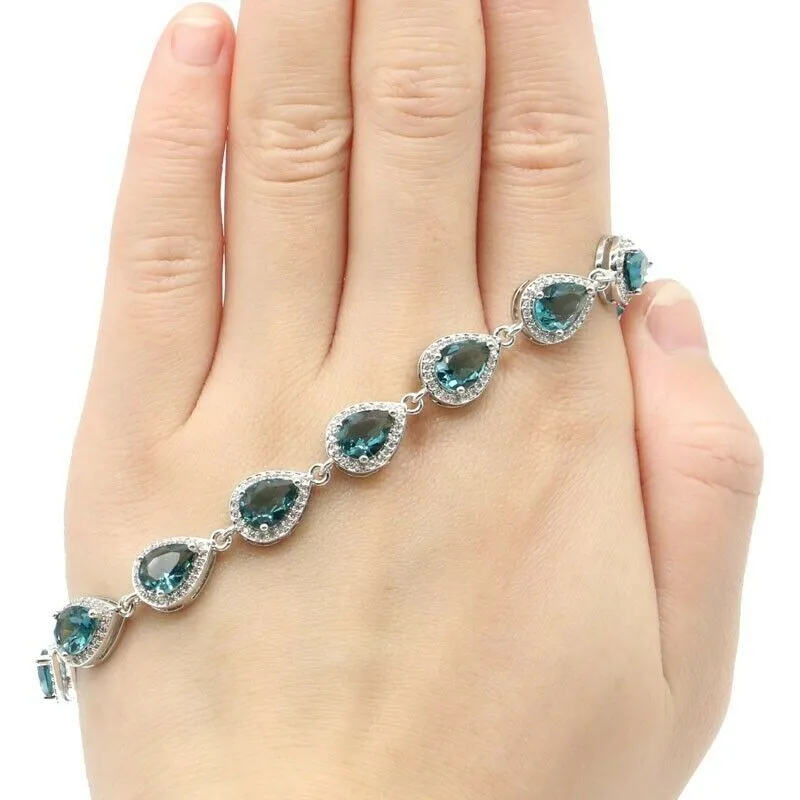 Sterling Silver Pear Shape Created London Blue Tennis Bracelet