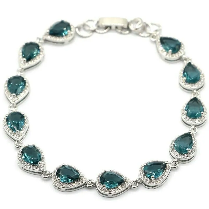 Sterling Silver Pear Shape Created London Blue Tennis Bracelet