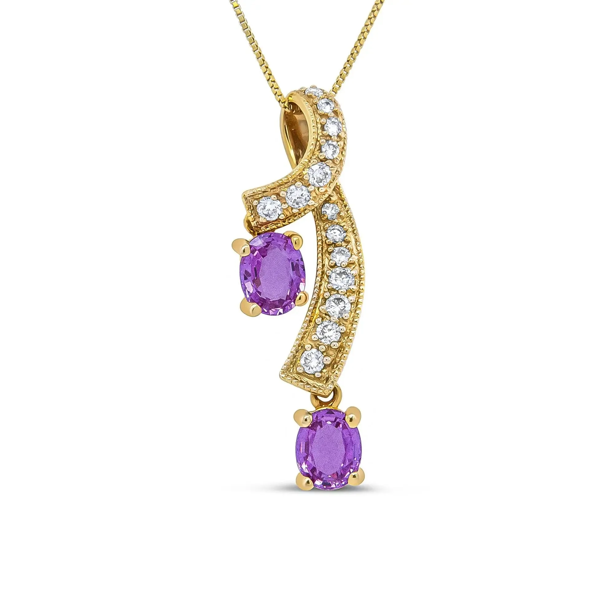 Stunning 14K Yellow Gold Oval Pendant Necklace with Natural Pink Sapphires and Sparkling Diamonds