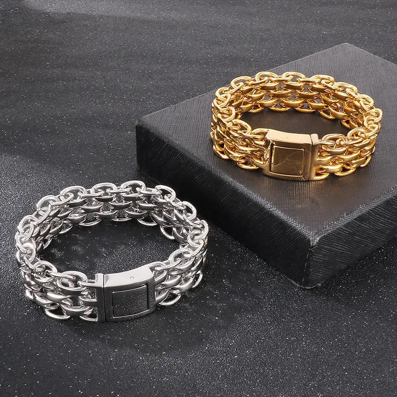 Stylish Hip-Hop-Inspired Double-Layer O-Chain Stainless Steel Men's Bracelet with Gold Plating