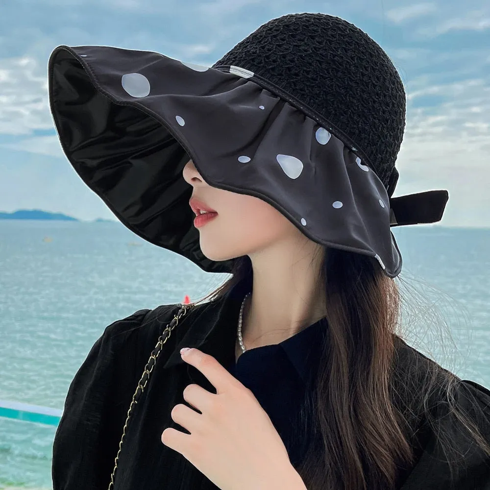 Summer Hats For Women Fashion Polka Dot Pattern Design Straw Hat  Empty Top Sun Hat Travel Beach Hat