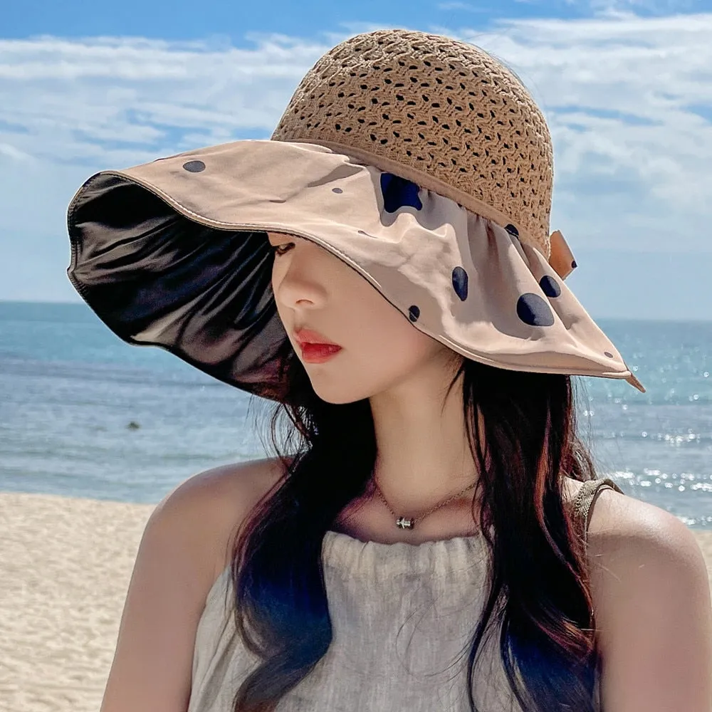 Summer Hats For Women Fashion Polka Dot Pattern Design Straw Hat  Empty Top Sun Hat Travel Beach Hat