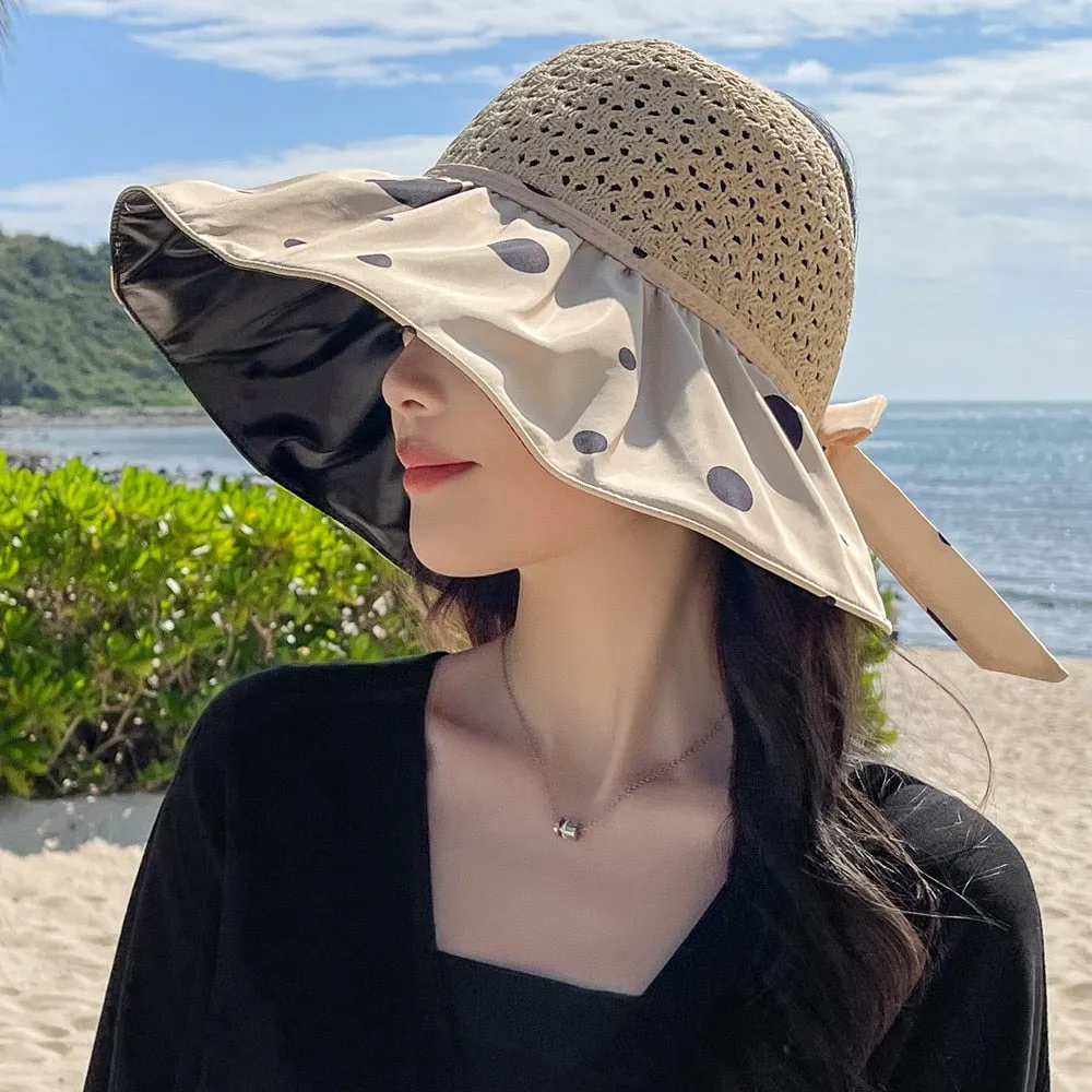 Summer Hats For Women Fashion Polka Dot Pattern Design Straw Hat  Empty Top Sun Hat Travel Beach Hat