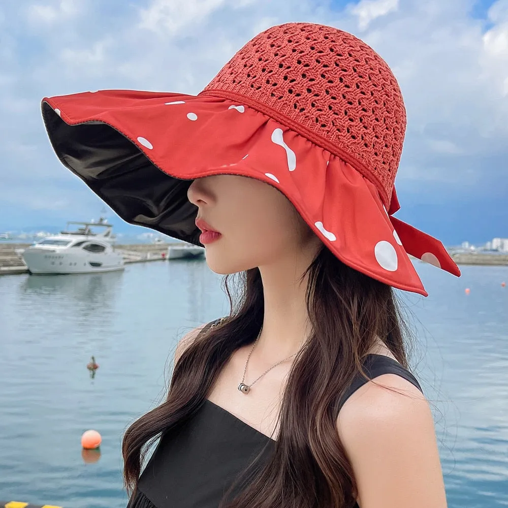 Summer Hats For Women Fashion Polka Dot Pattern Design Straw Hat  Empty Top Sun Hat Travel Beach Hat