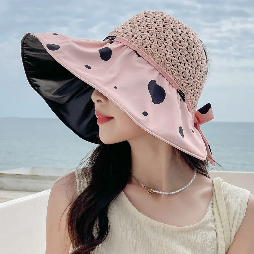 Summer Hats For Women Fashion Polka Dot Pattern Design Straw Hat  Empty Top Sun Hat Travel Beach Hat