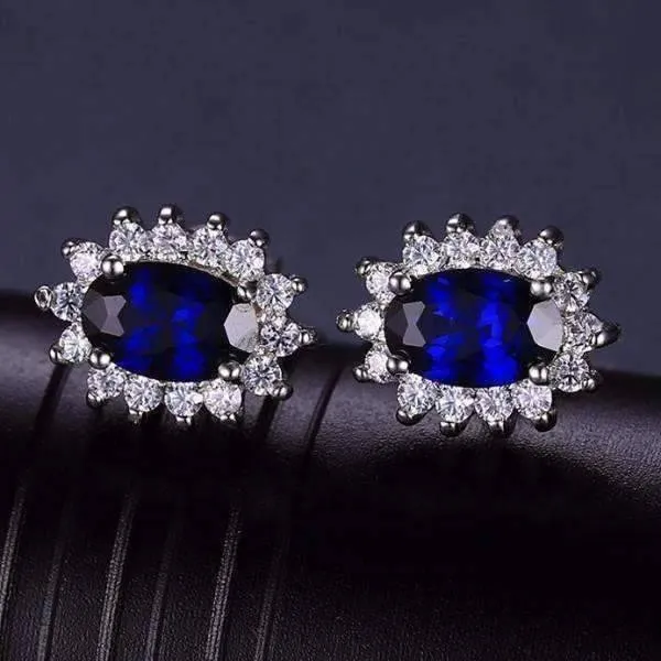 Swiss Blue Oval Cut 1CTW Simulated Sapphire IOBI Precious Gems Halo Sterling Silver Earrings for Women Special Occasion