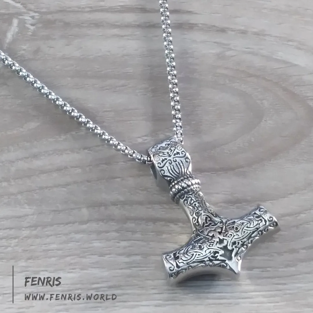 Thor's Hammer Necklace Silver Embossed Norse Viking Style