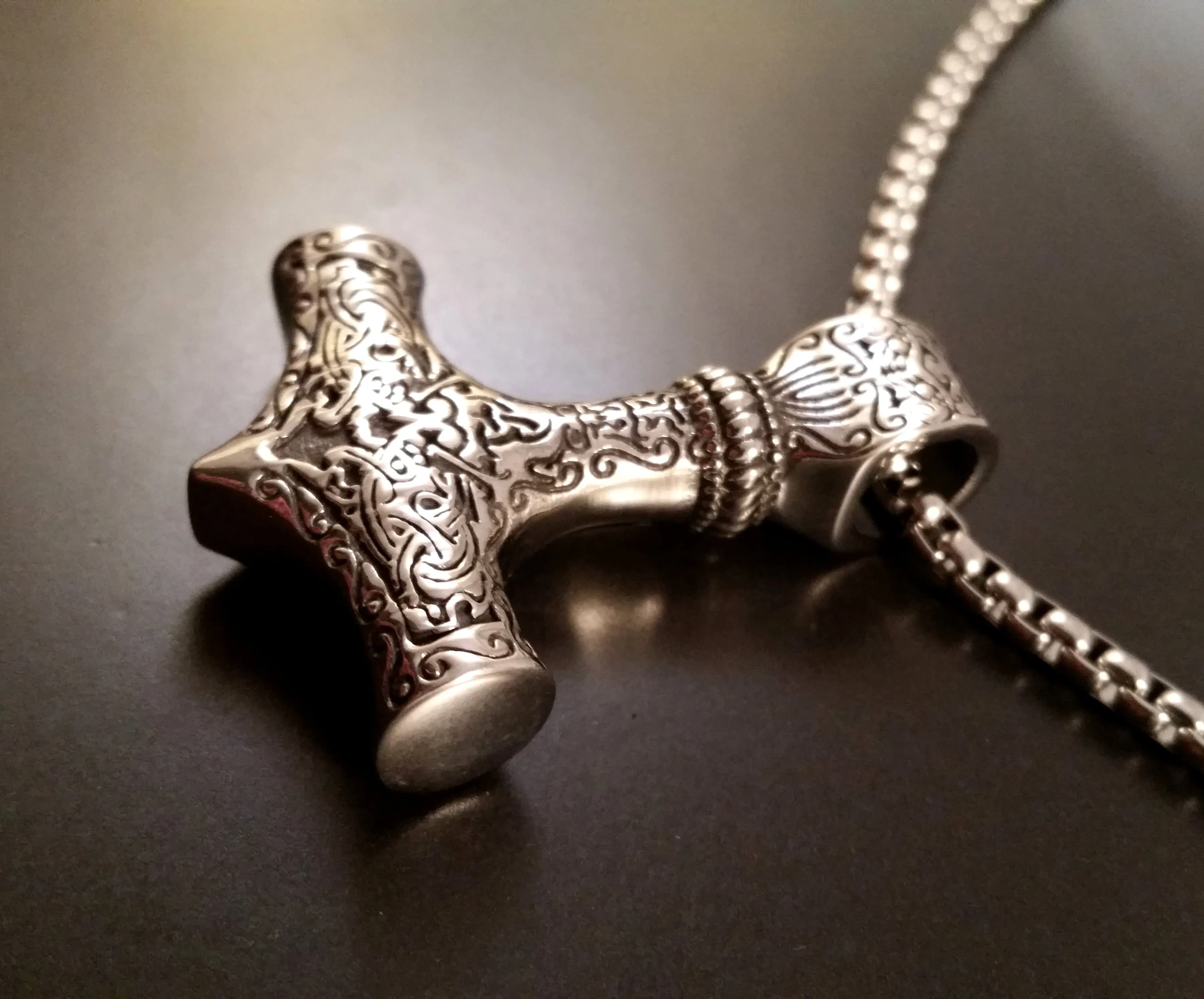 Thor's Hammer Necklace Silver Embossed Norse Viking Style