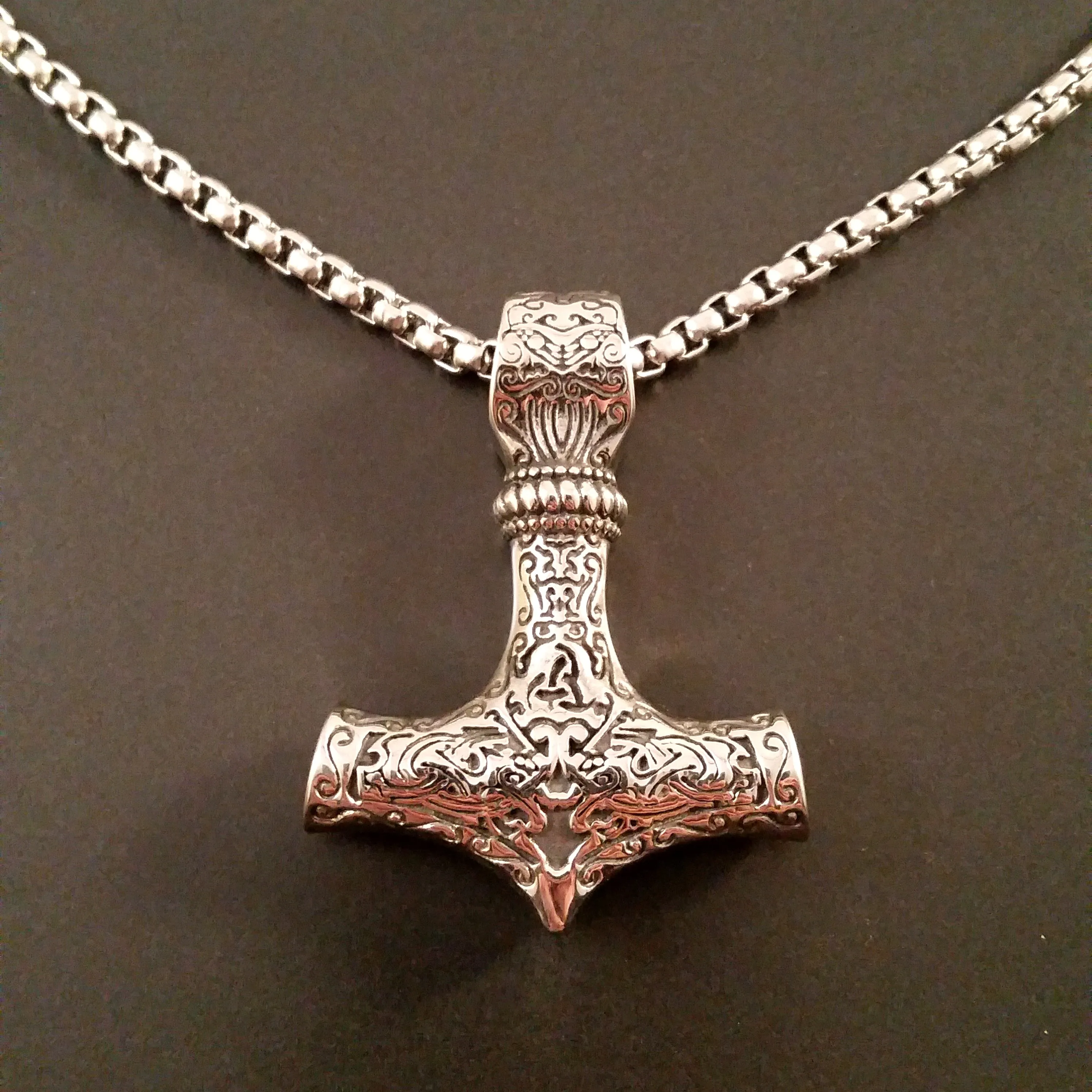 Thor's Hammer Necklace Silver Embossed Norse Viking Style