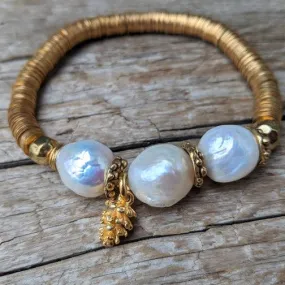 Three Large White Pearls Elastic Bracelet with Pine Cone Charm