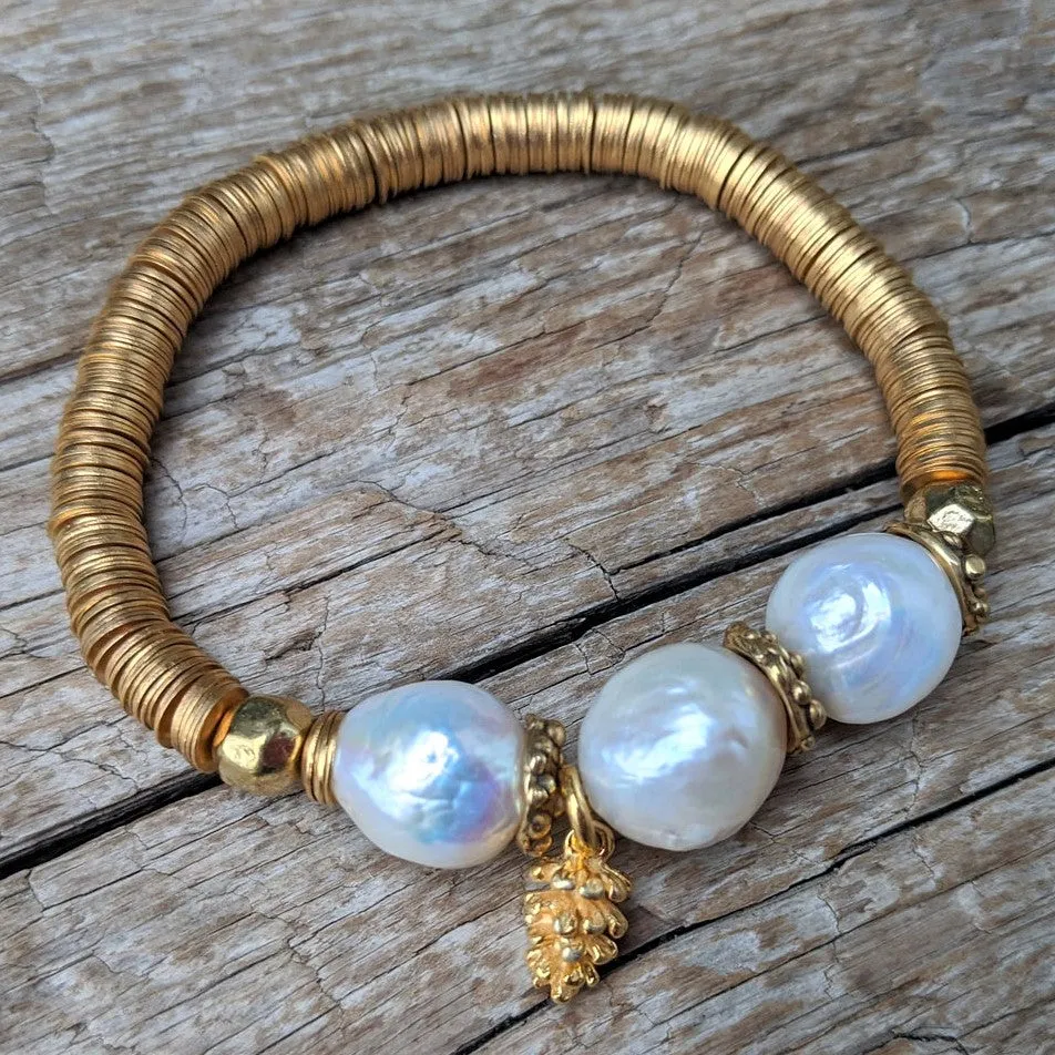 Three Large White Pearls Elastic Bracelet with Pine Cone Charm