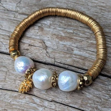 Three Large White Pearls Elastic Bracelet with Pine Cone Charm