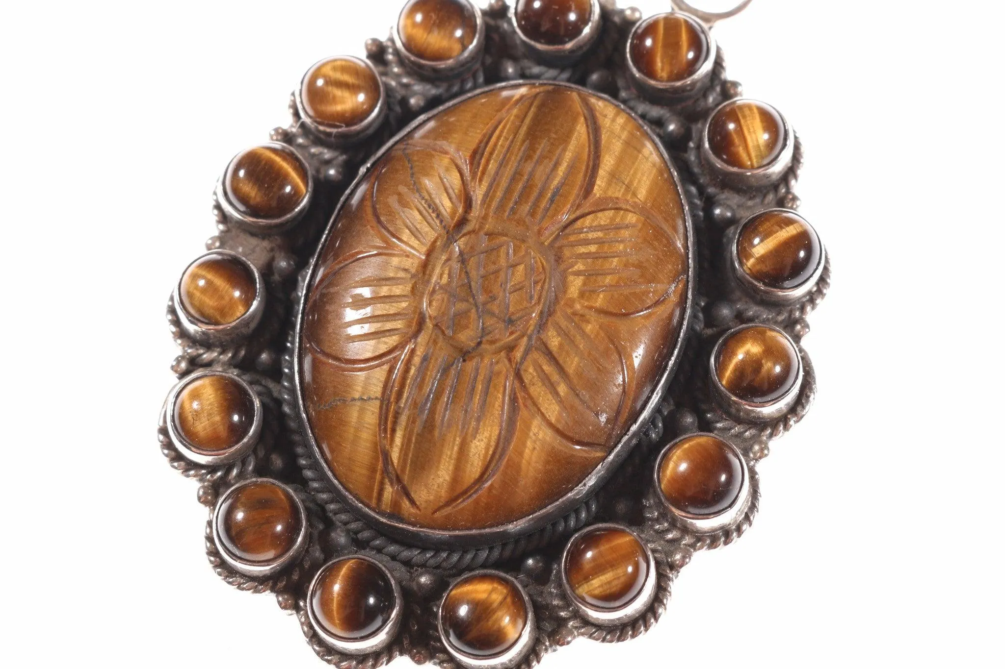 Tigers eye carved stone flower pendant silver marked 925