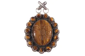 Tigers eye carved stone flower pendant silver marked 925