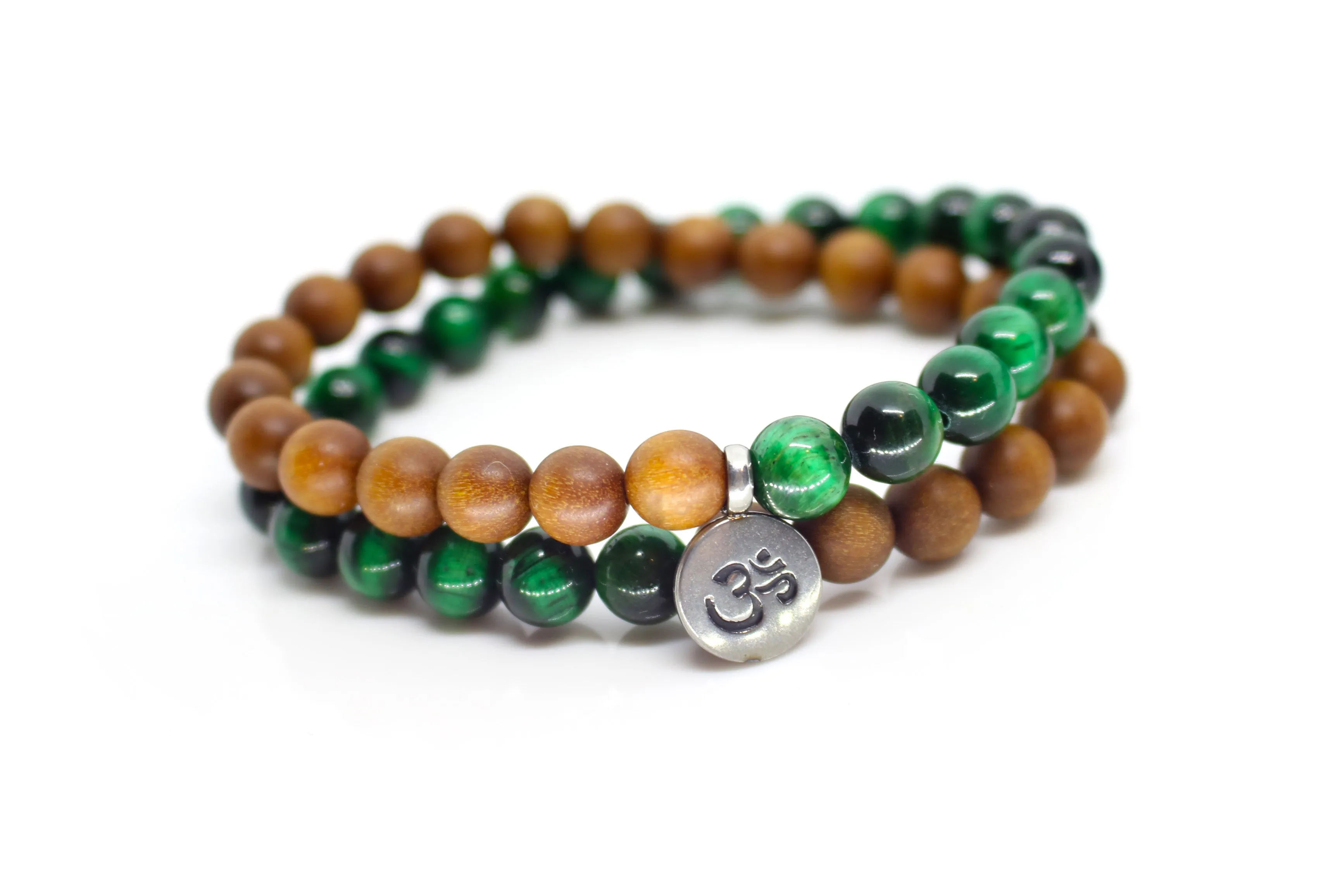 Tiger's Eye Green & Sandalwood Wrap Bracelet for Men