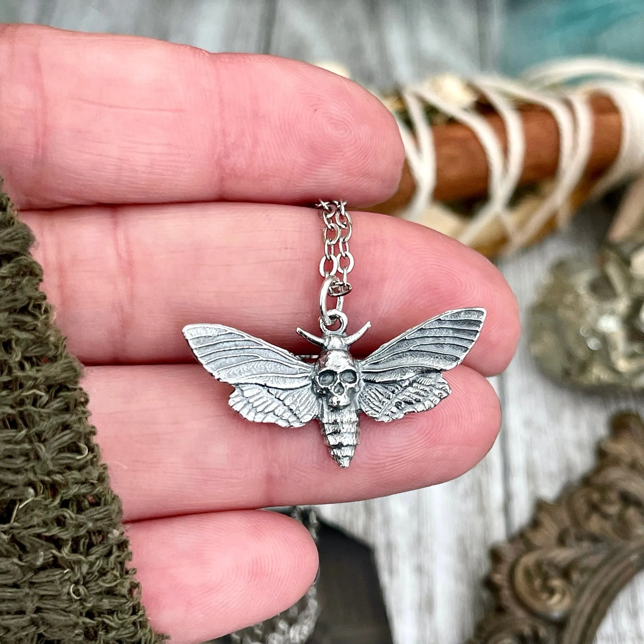 Tiny Talisman Collection - Sterling Silver Deaths Head Moth Pendant with Skull 19x30mm  / Curated by FOXLARK Collection 925