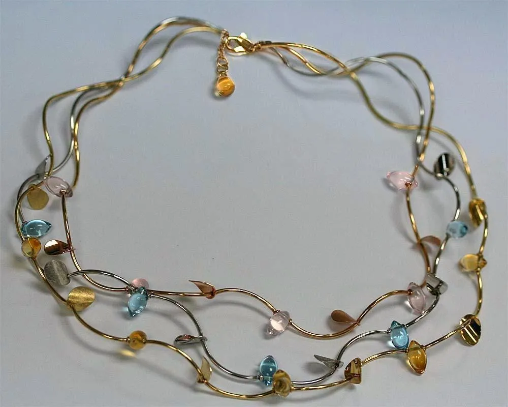 Topaz Citrine Pink Quartz Three Tone 14k Gold Necklace