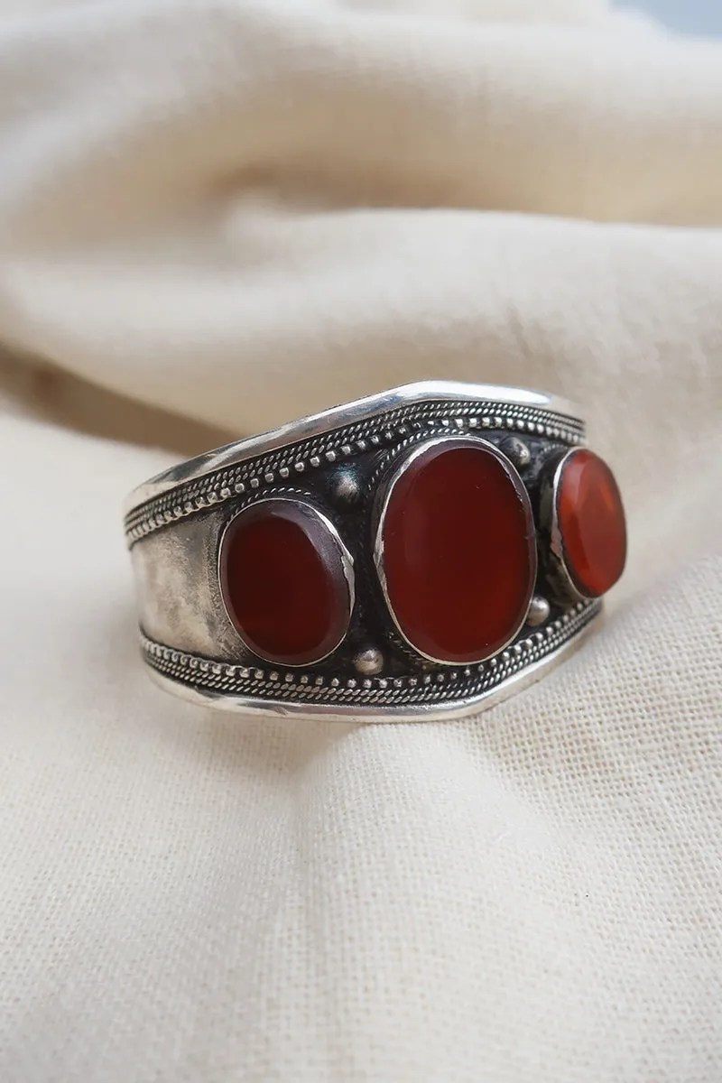 Turkish Triple Stone Silver Plated Brass Bangle with Carnelian