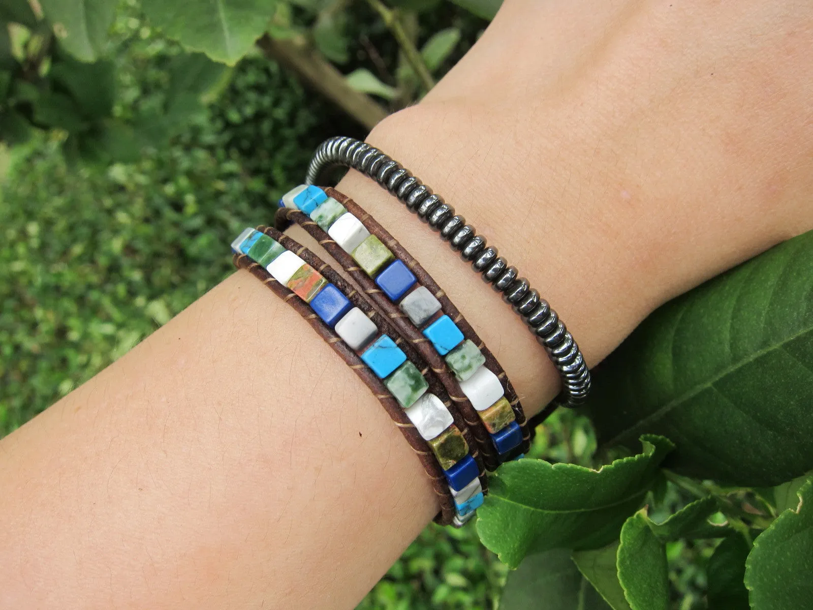 Unisex Lapis Lazuli, White howlite, Unakite Mix 2X Wrap Beaded Bracelet