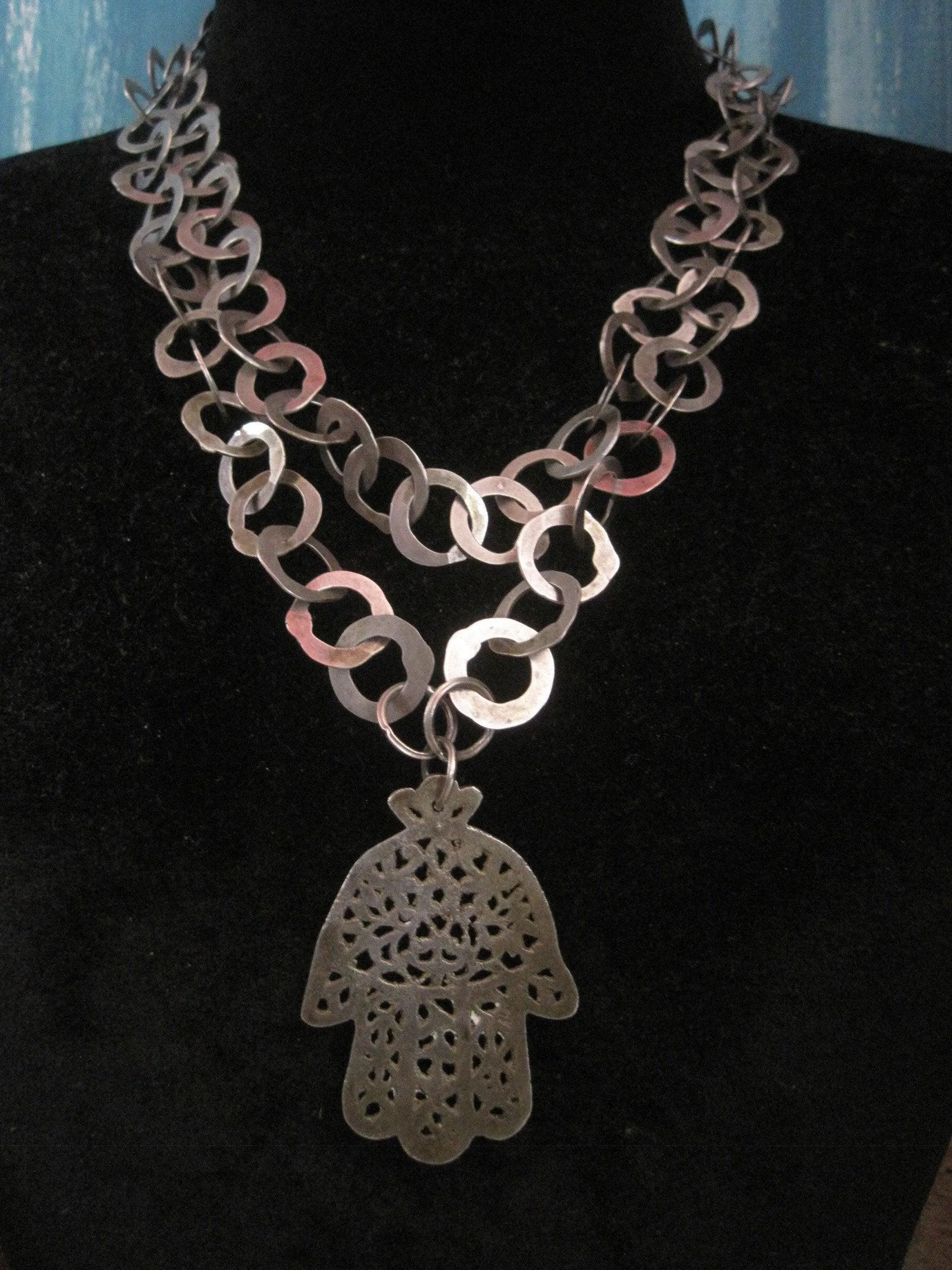 Vintage Berber Khamsa Necklace, Tunisian Rihana Silver Chain and Khamsa Pendant