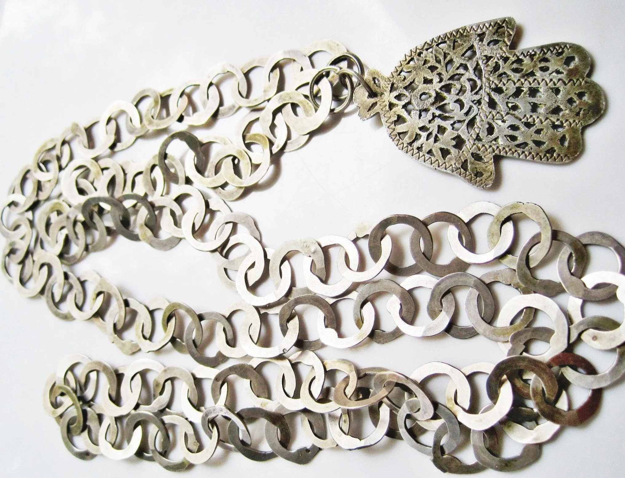 Vintage Berber Khamsa Necklace, Tunisian Rihana Silver Chain and Khamsa Pendant