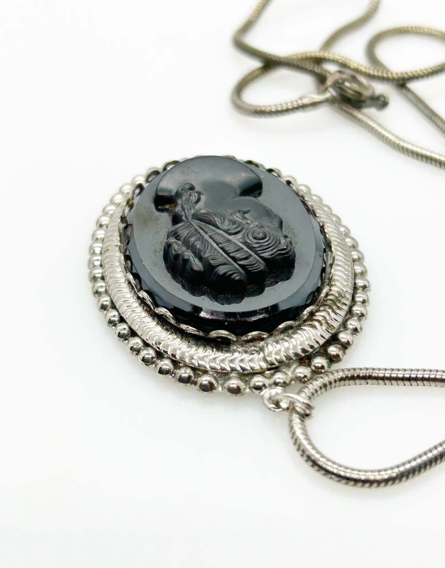 Vintage Black Carved Cameo Pendant and Chain Necklace