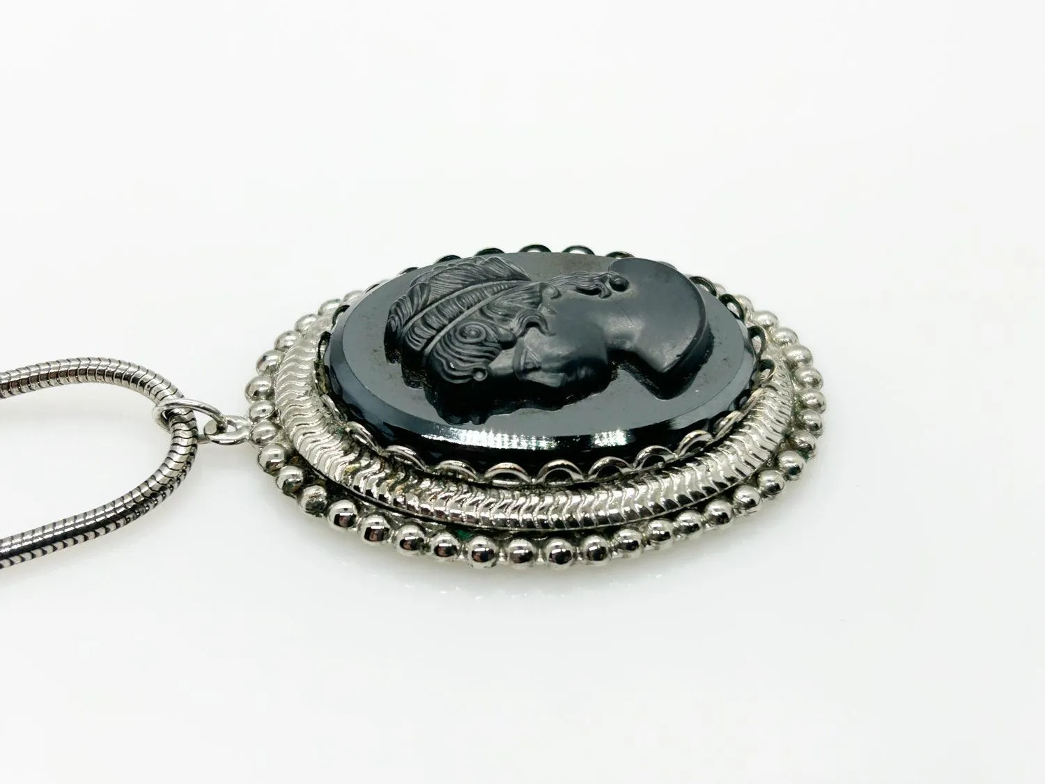 Vintage Black Carved Cameo Pendant and Chain Necklace