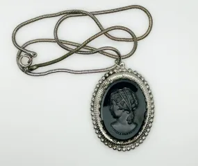 Vintage Black Carved Cameo Pendant and Chain Necklace