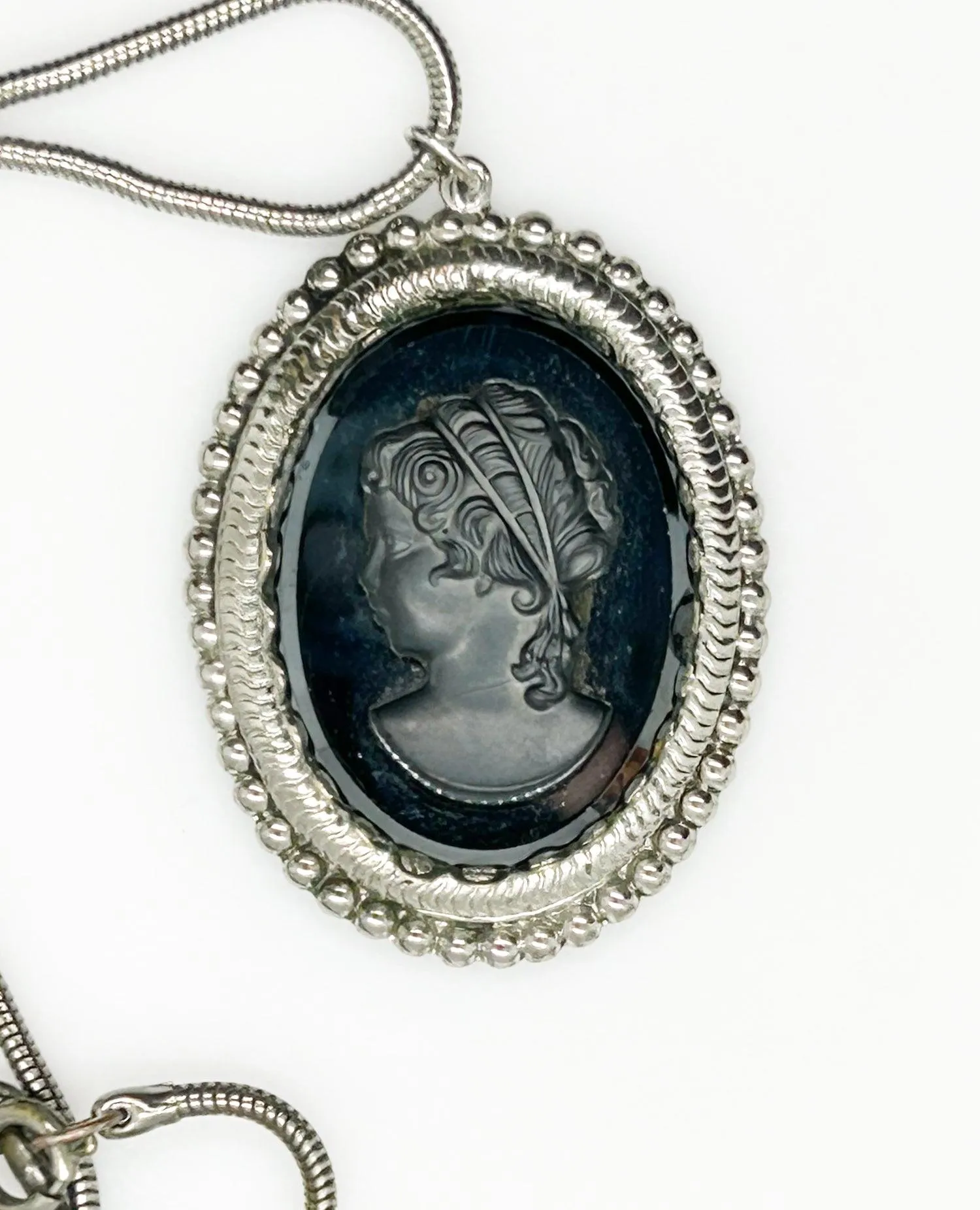 Vintage Black Carved Cameo Pendant and Chain Necklace