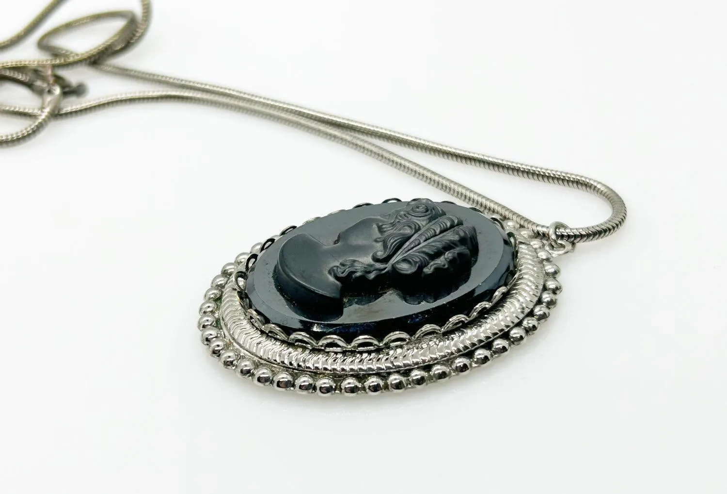 Vintage Black Carved Cameo Pendant and Chain Necklace