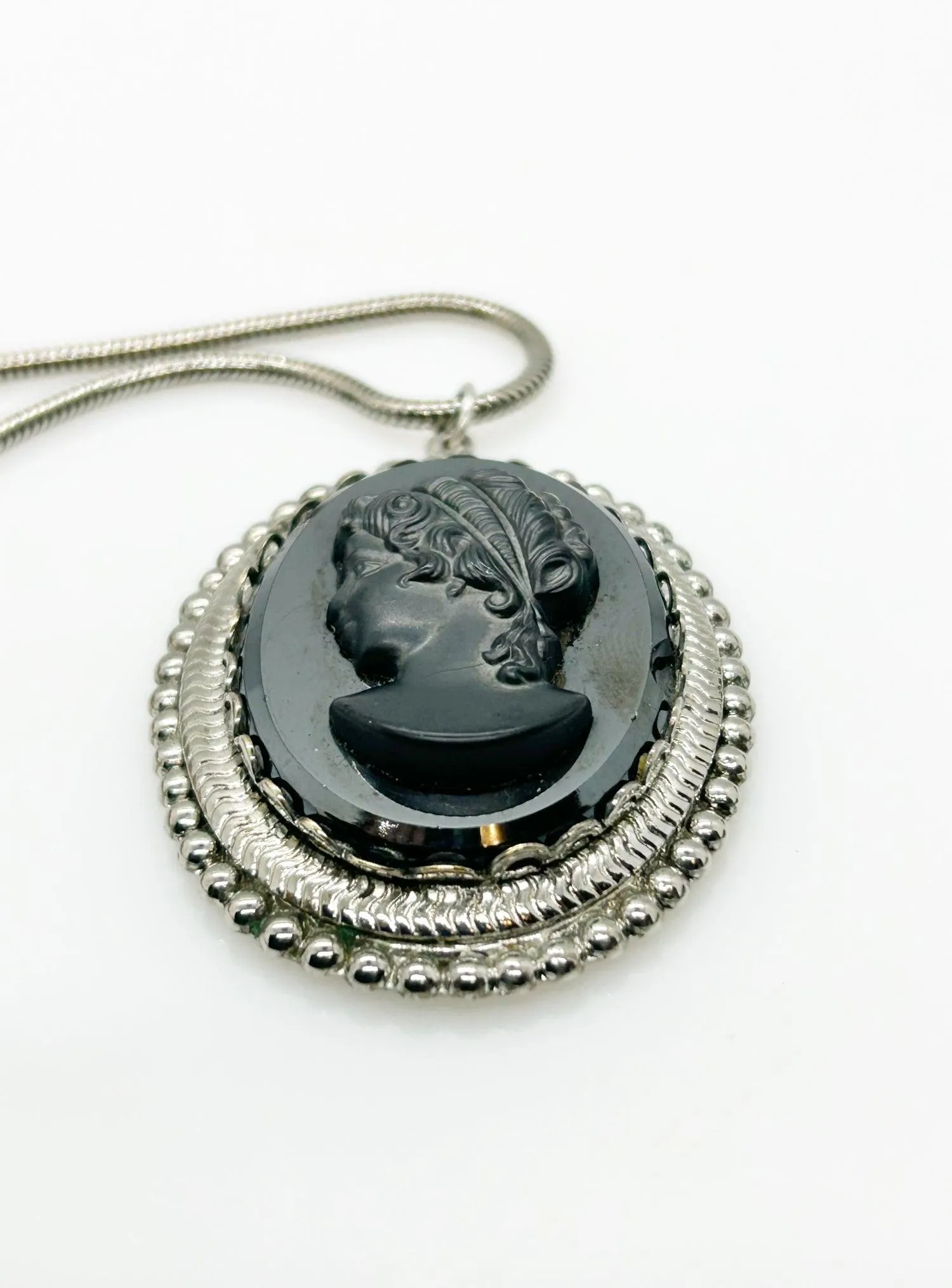 Vintage Black Carved Cameo Pendant and Chain Necklace