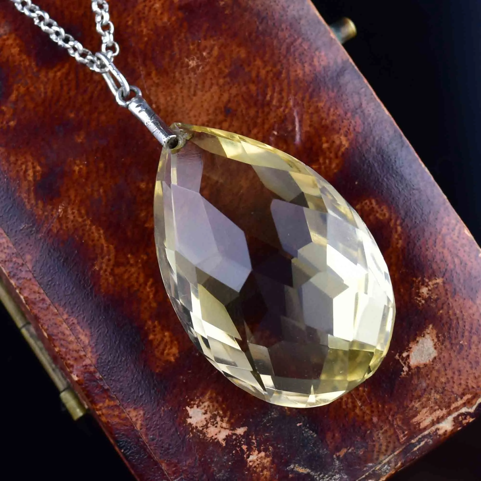 Vintage Silver 60 Carat Citrine Teardrop Pendant Necklace