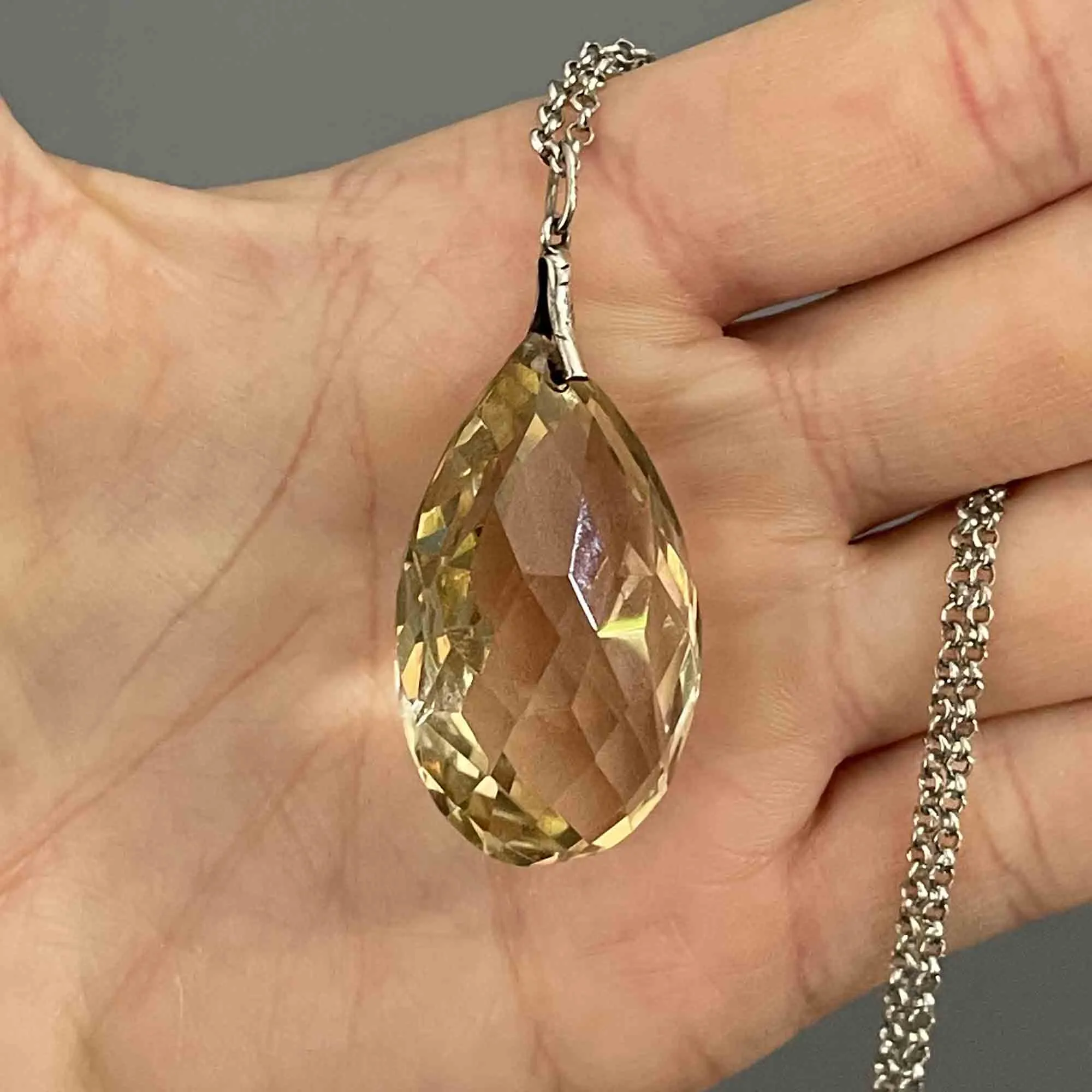 Vintage Silver 60 Carat Citrine Teardrop Pendant Necklace