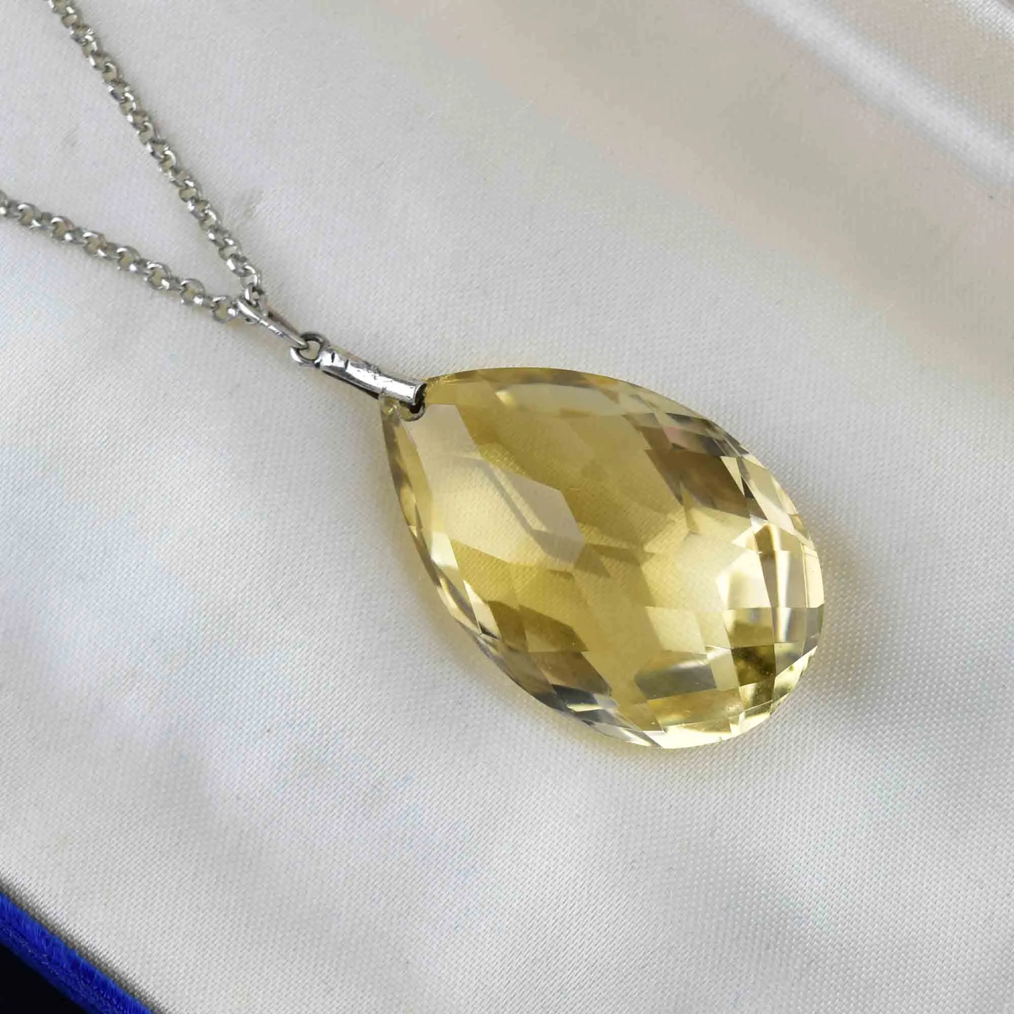 Vintage Silver 60 Carat Citrine Teardrop Pendant Necklace