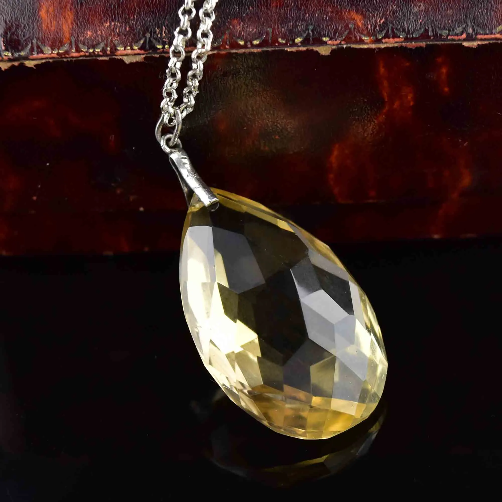 Vintage Silver 60 Carat Citrine Teardrop Pendant Necklace