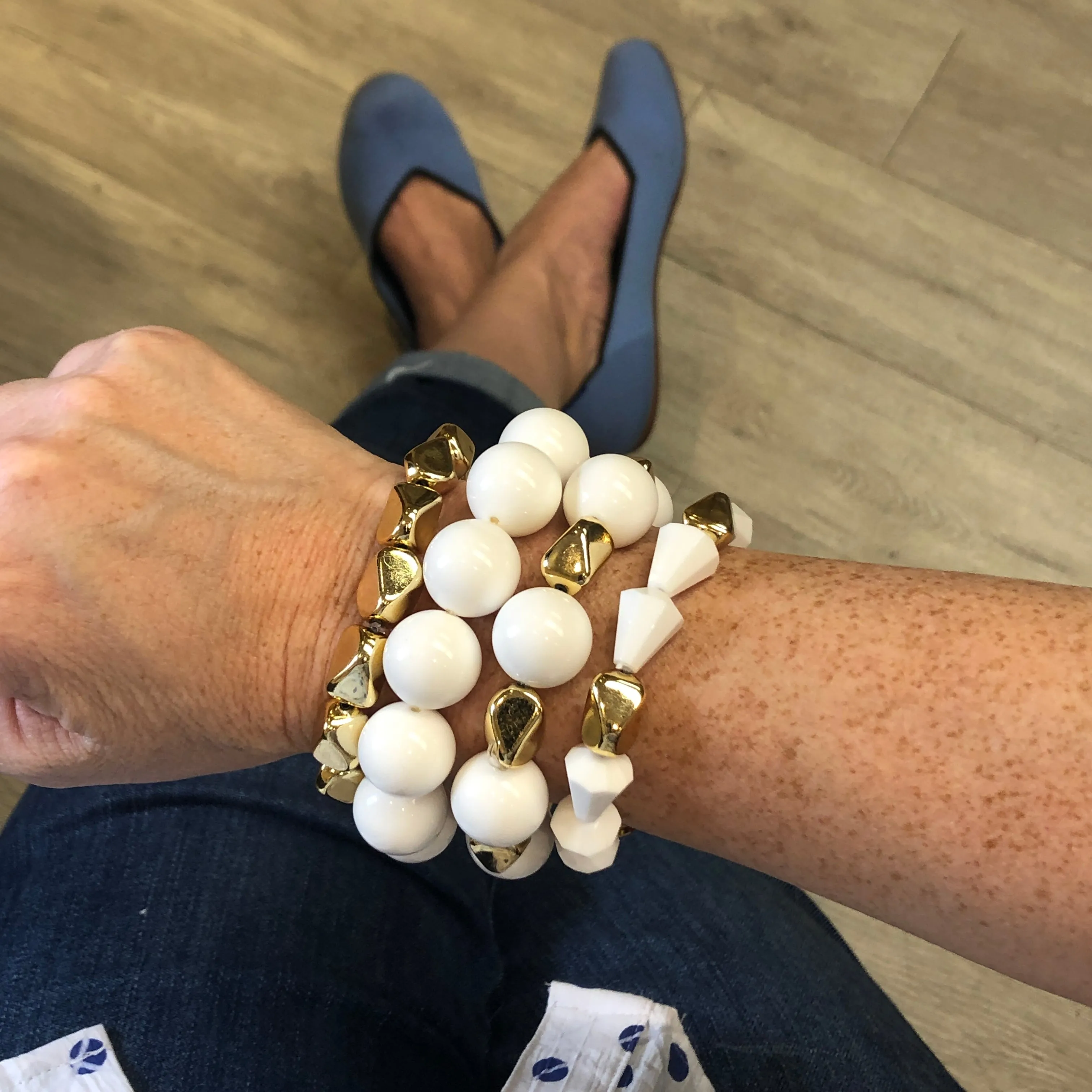 White & Gold Chunky Stack & Stretch Bracelets Set