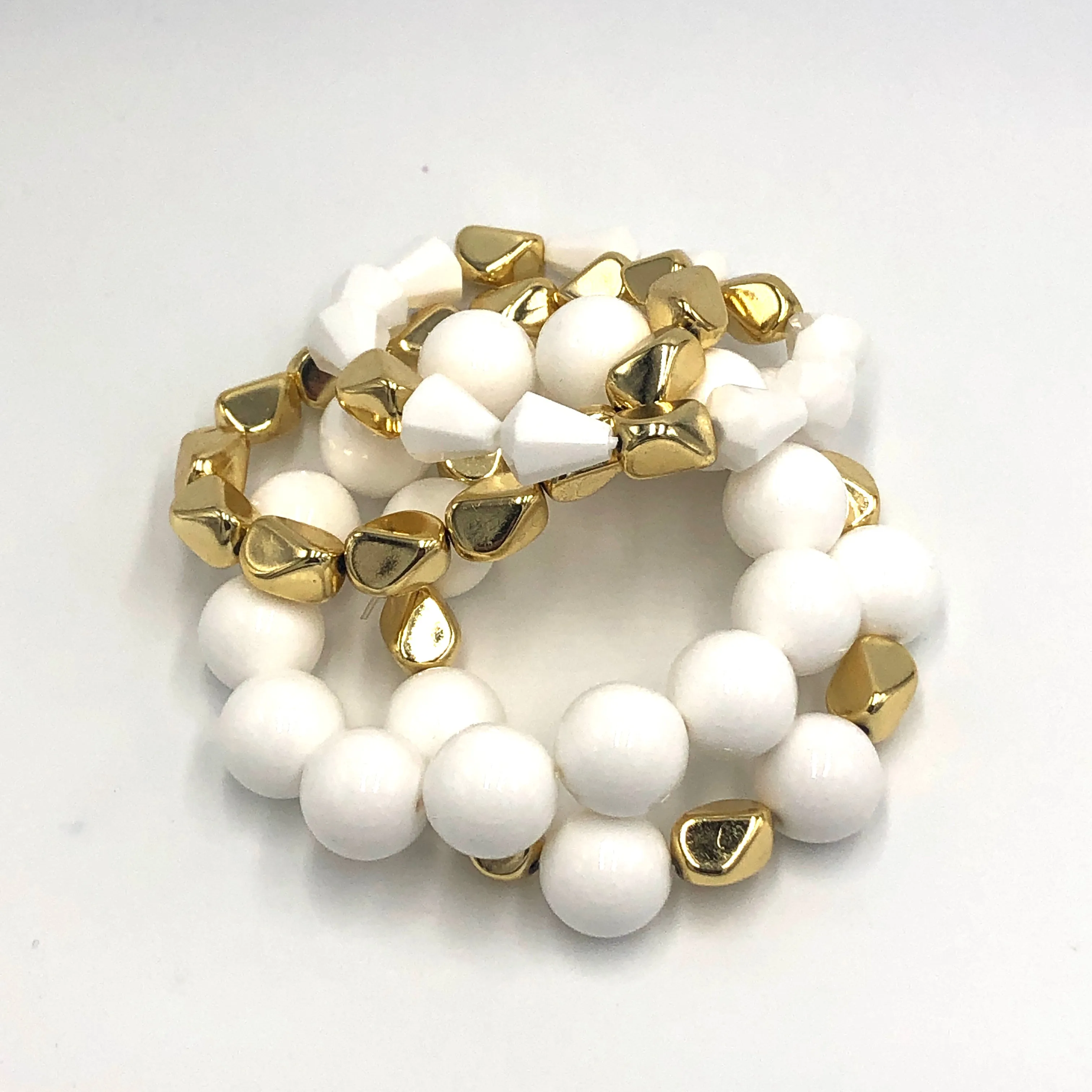 White & Gold Chunky Stack & Stretch Bracelets Set